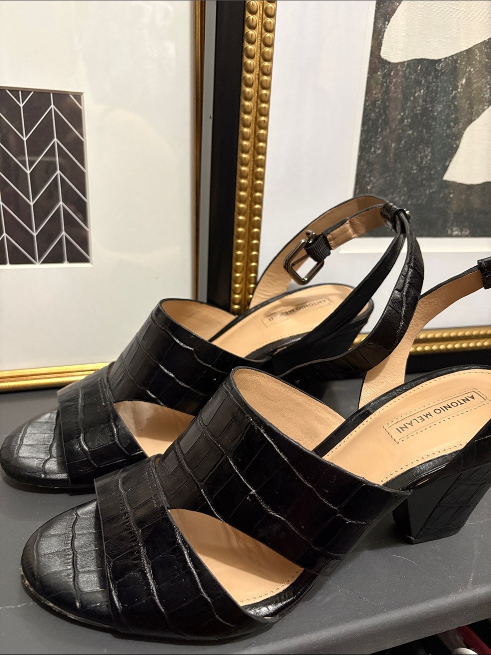 ANTONIO MELANI Black Croc-Embossed Slingback Block Heels